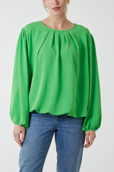 Pleated Neck Bubble Hem Blouse