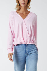 Wrap Front Dip Hem Cuffed Sleeve Blouse