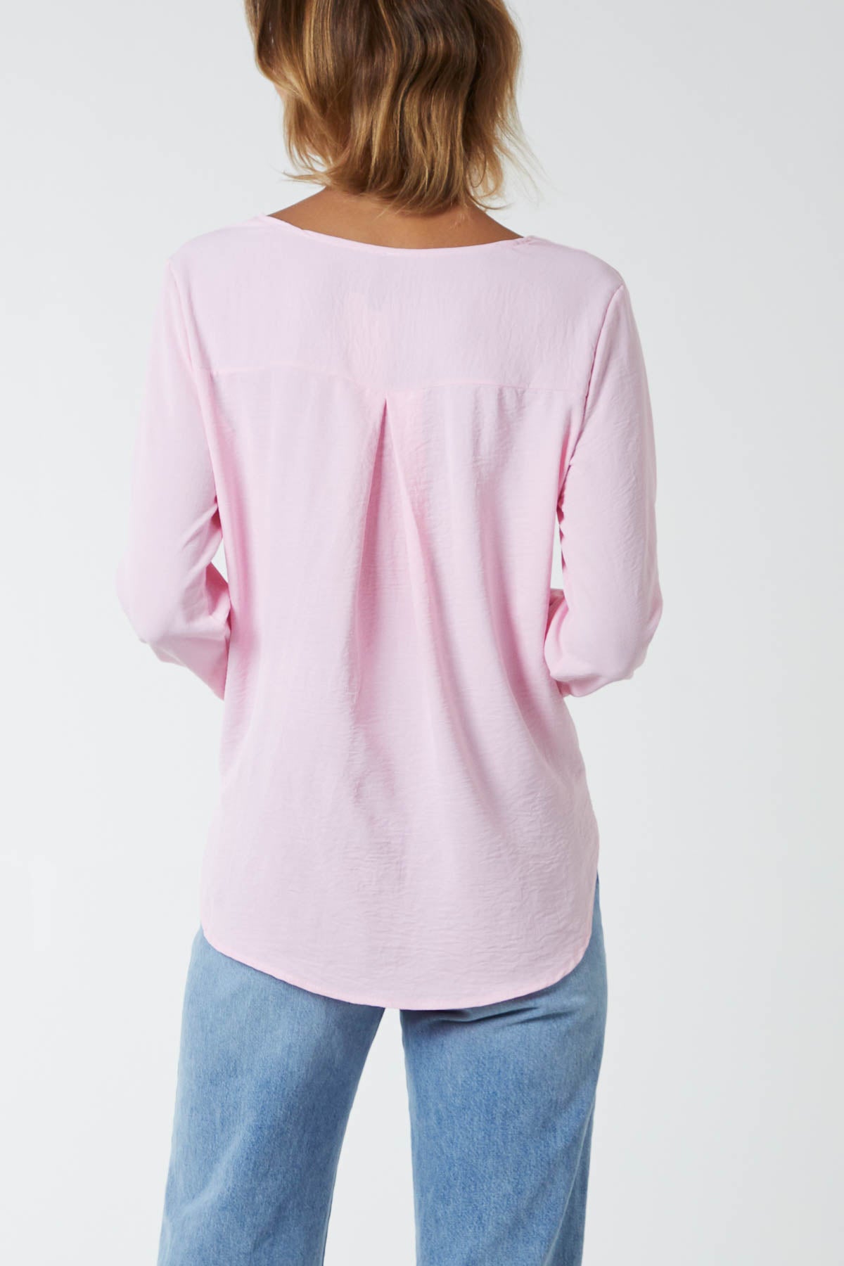 Wrap Front Dip Hem Cuffed Sleeve Blouse