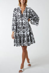 Tiered Baroque Floral Smock Print Dress