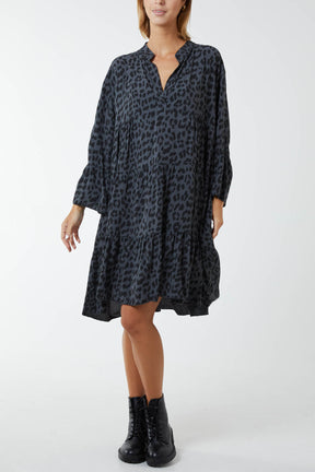 Long Sleeve Tiered Leopard Print Dress