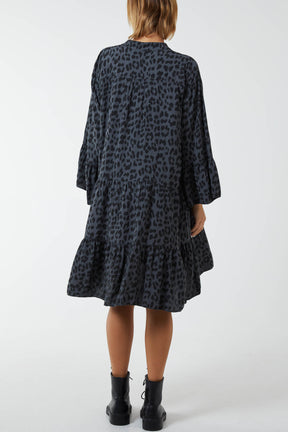 Long Sleeve Tiered Leopard Print Dress