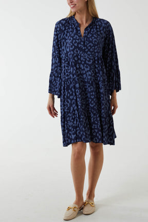 Long Sleeve Tiered Light Leopard Dress