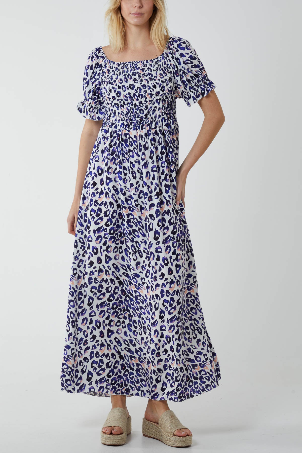 Leopard Print Shirred Puff Sleeve Maxi Dress