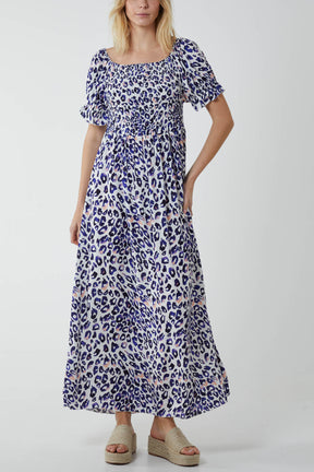 Leopard Print Shirred Puff Sleeve Maxi Dress