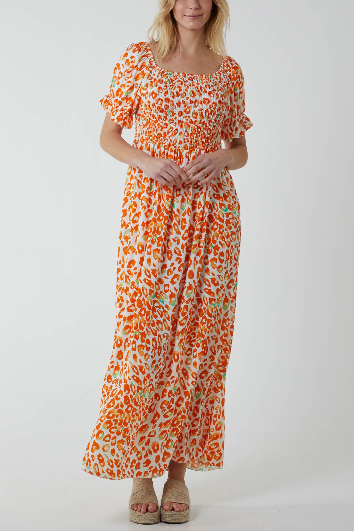 Leopard Print Shirred Puff Sleeve Maxi Dress