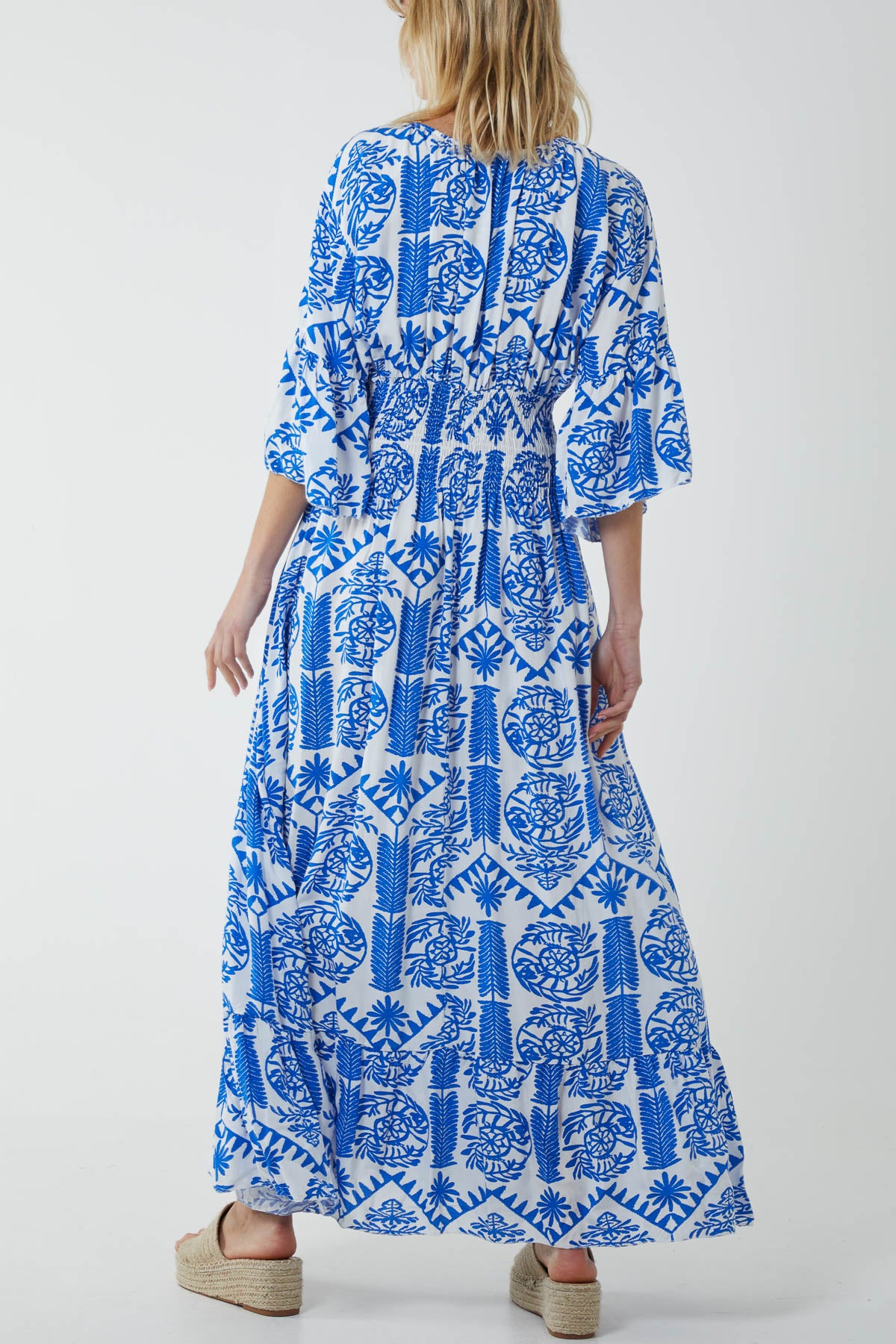 Baroque Shirred Bodice Maxi Dress