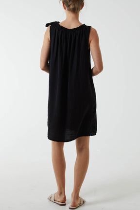 Gathered Tie Neck Smock Dress