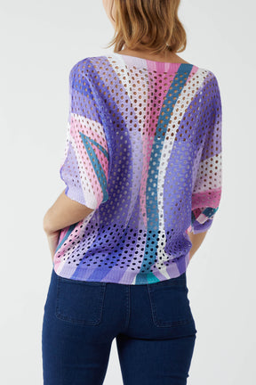 Abstract Colour Crochet Puff Sleeve Top
