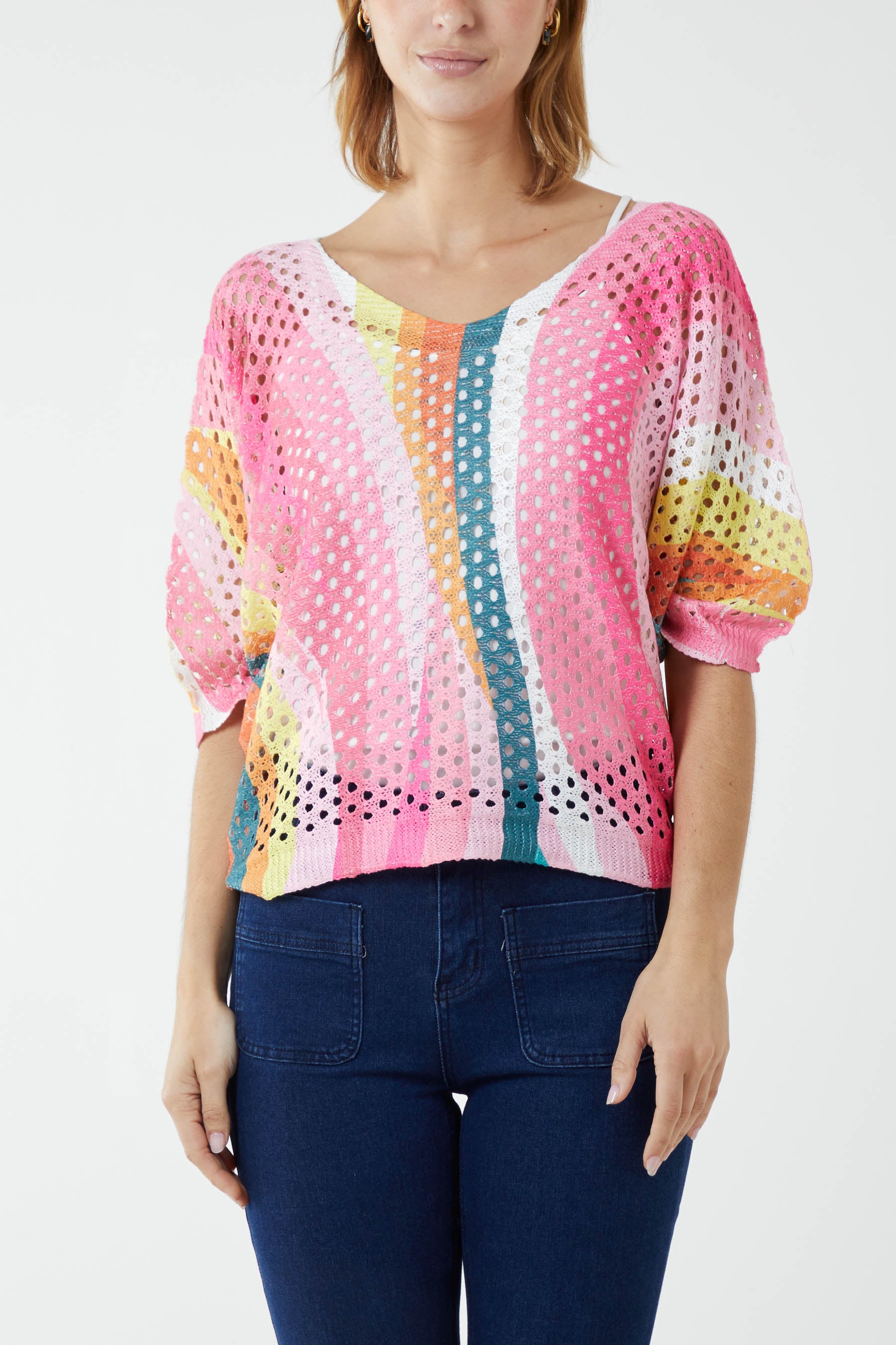 Abstract Colour Crochet Puff Sleeve Top