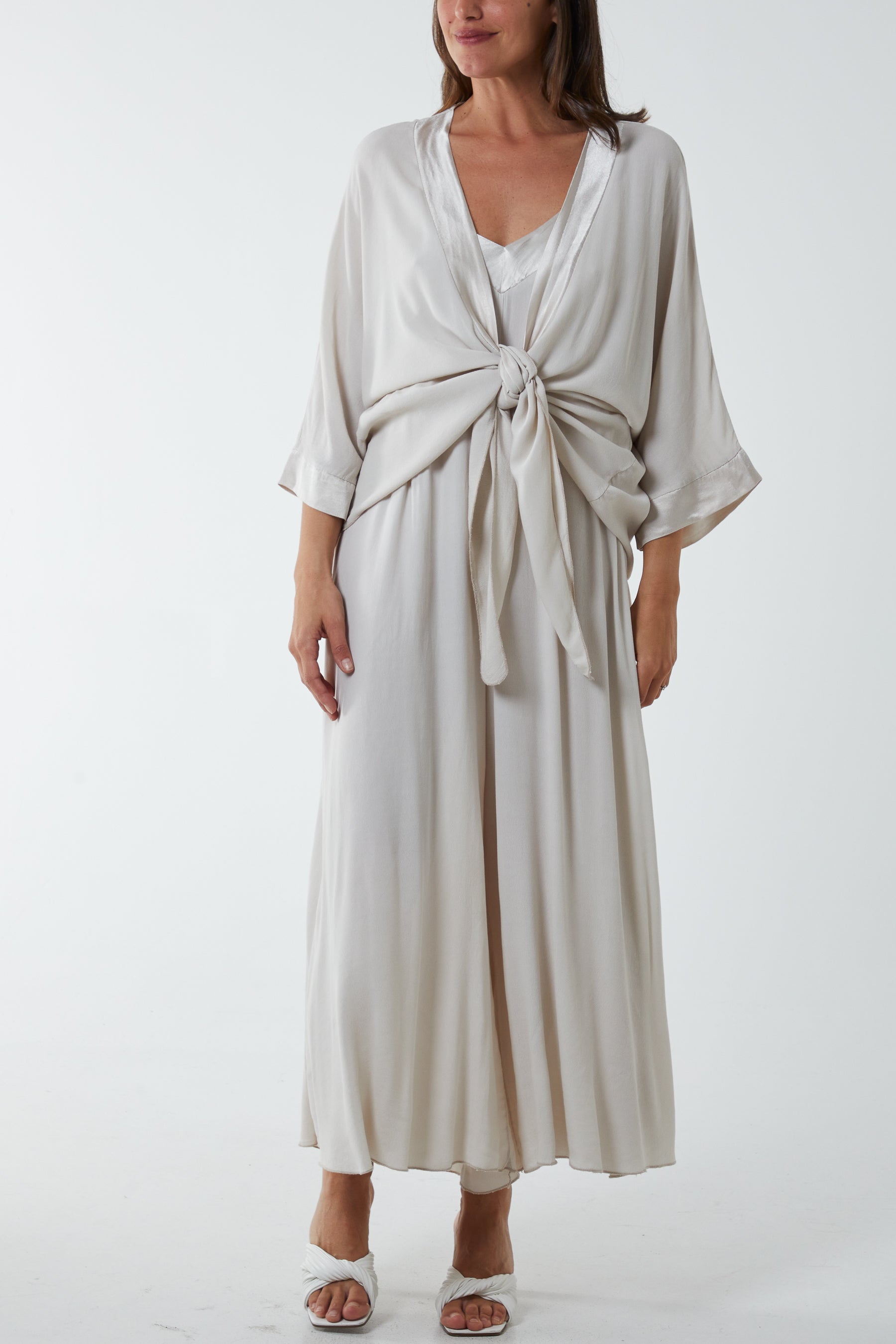 Satin Trim Jumpsuit & Kimono Set