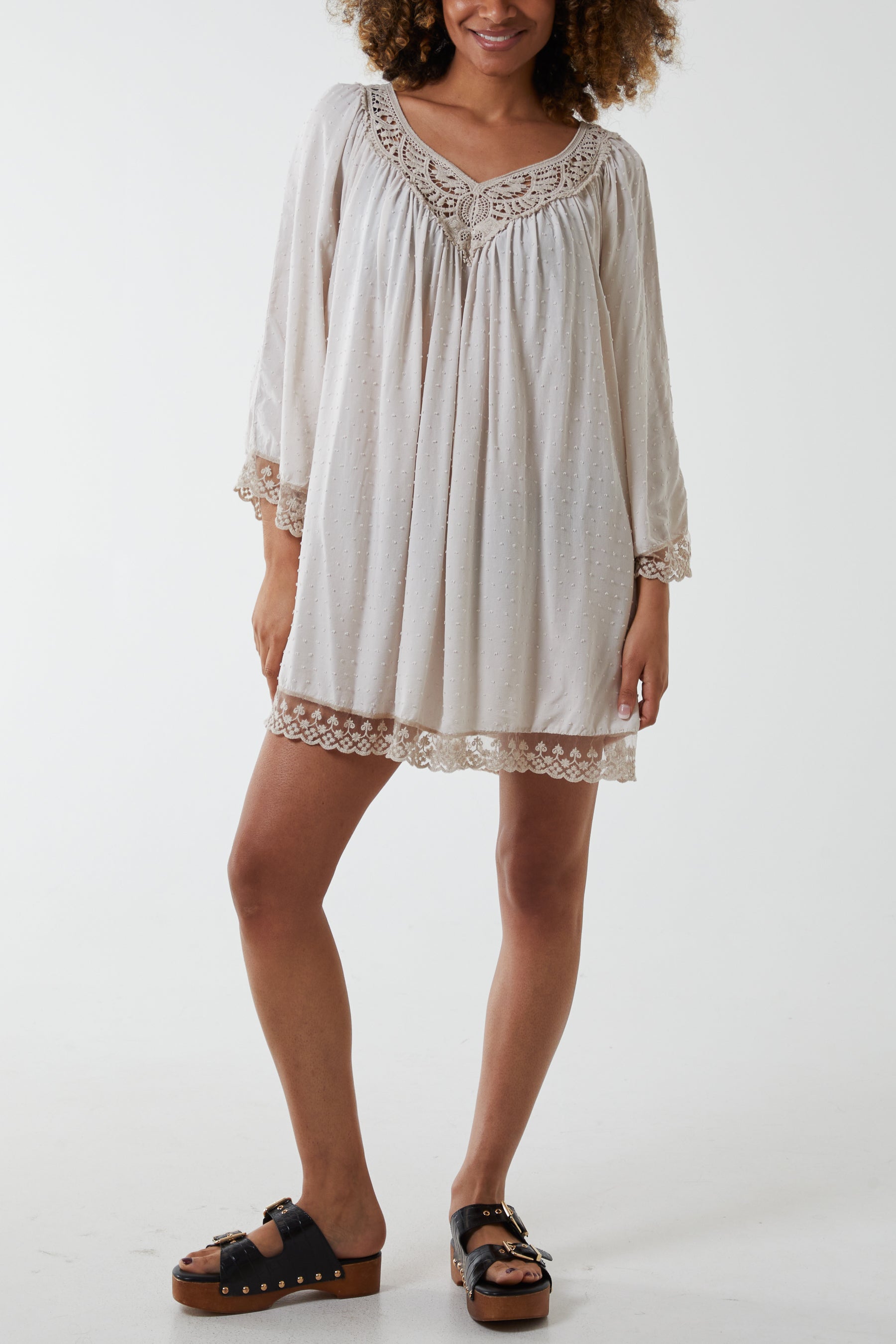 Dobby Fabric Lace Trimmed Dress