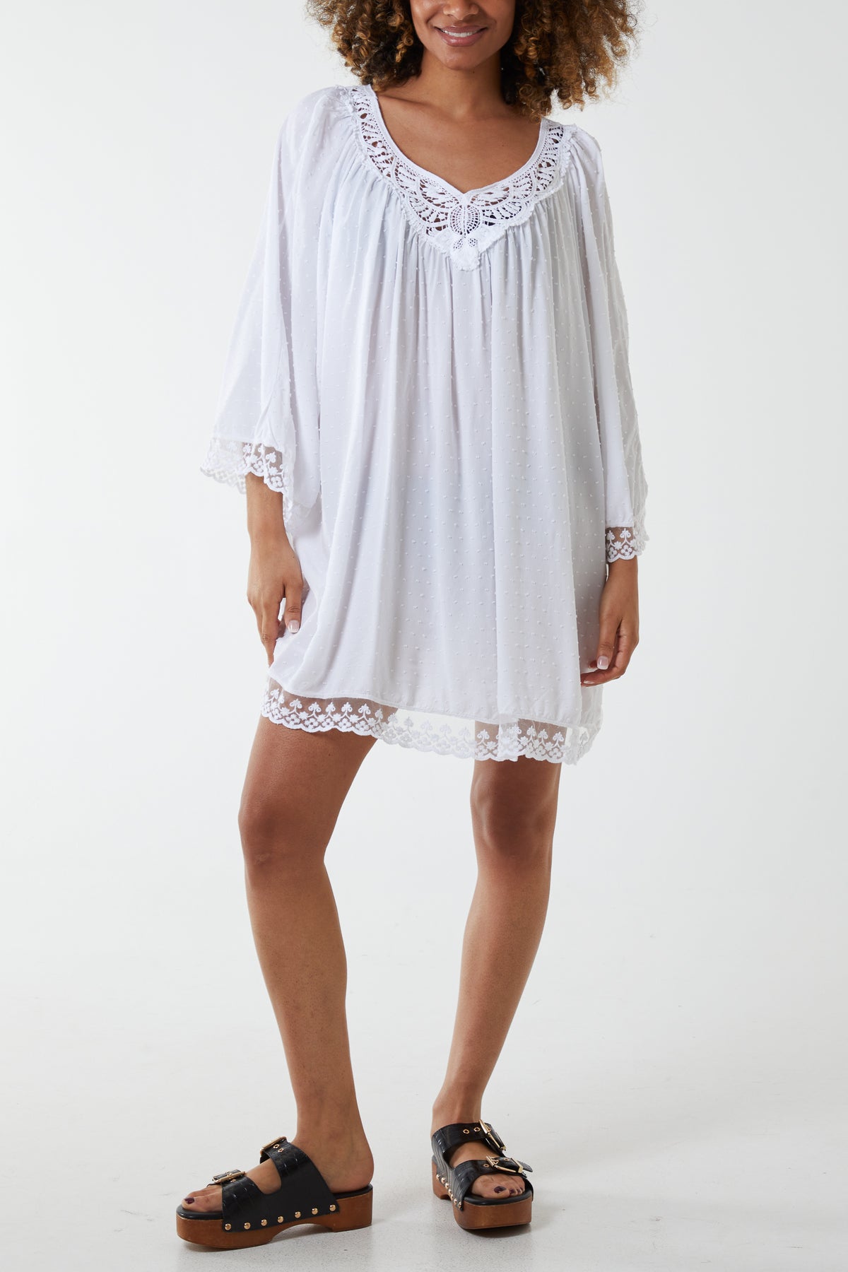 Dobby Fabric Lace Trimmed Dress