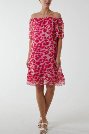Leopard Print Bardot Sheer Mini Dress