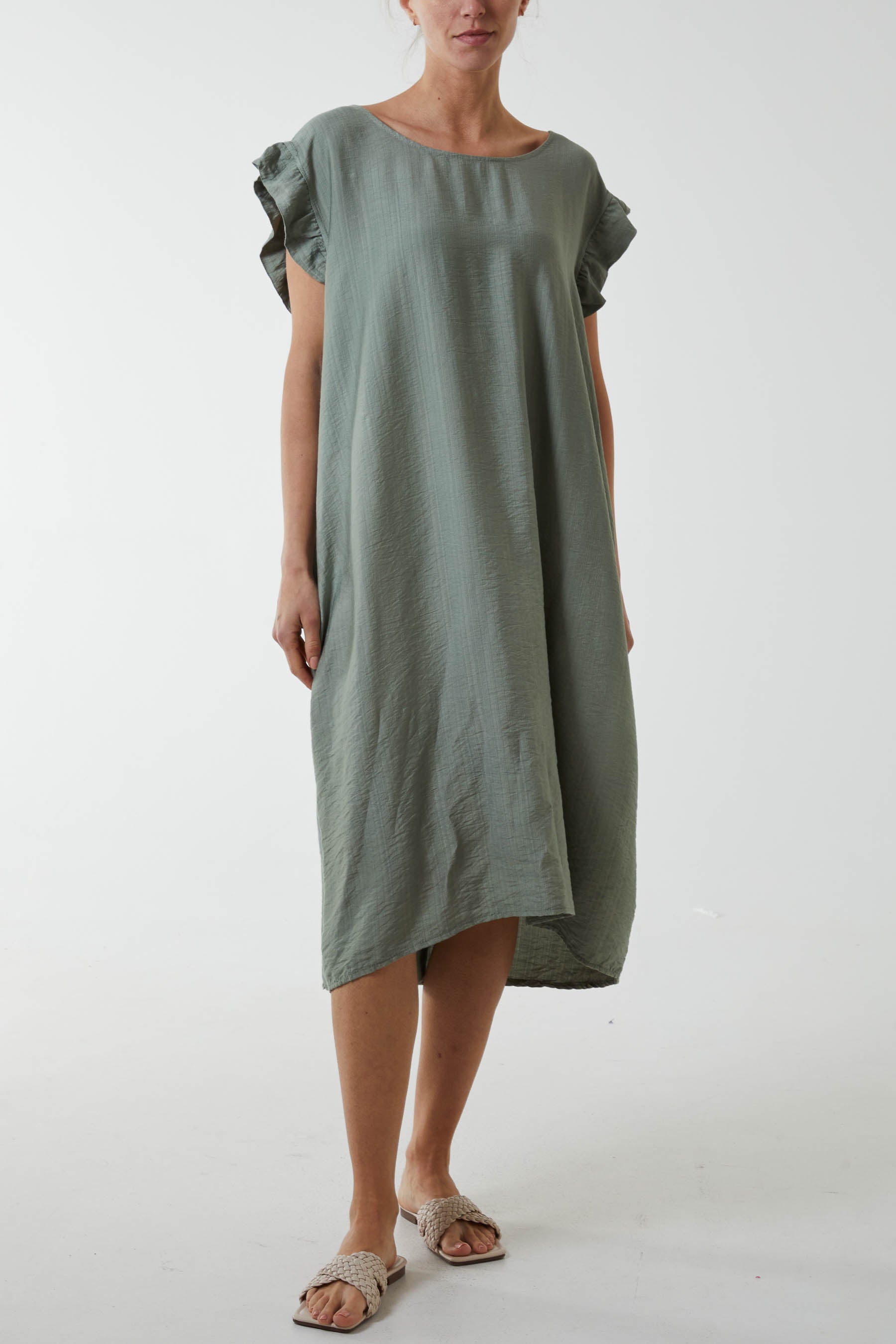 Frill Cap Sleeve Button Dress