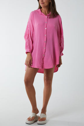 Button Up Broderie Sleeve Top