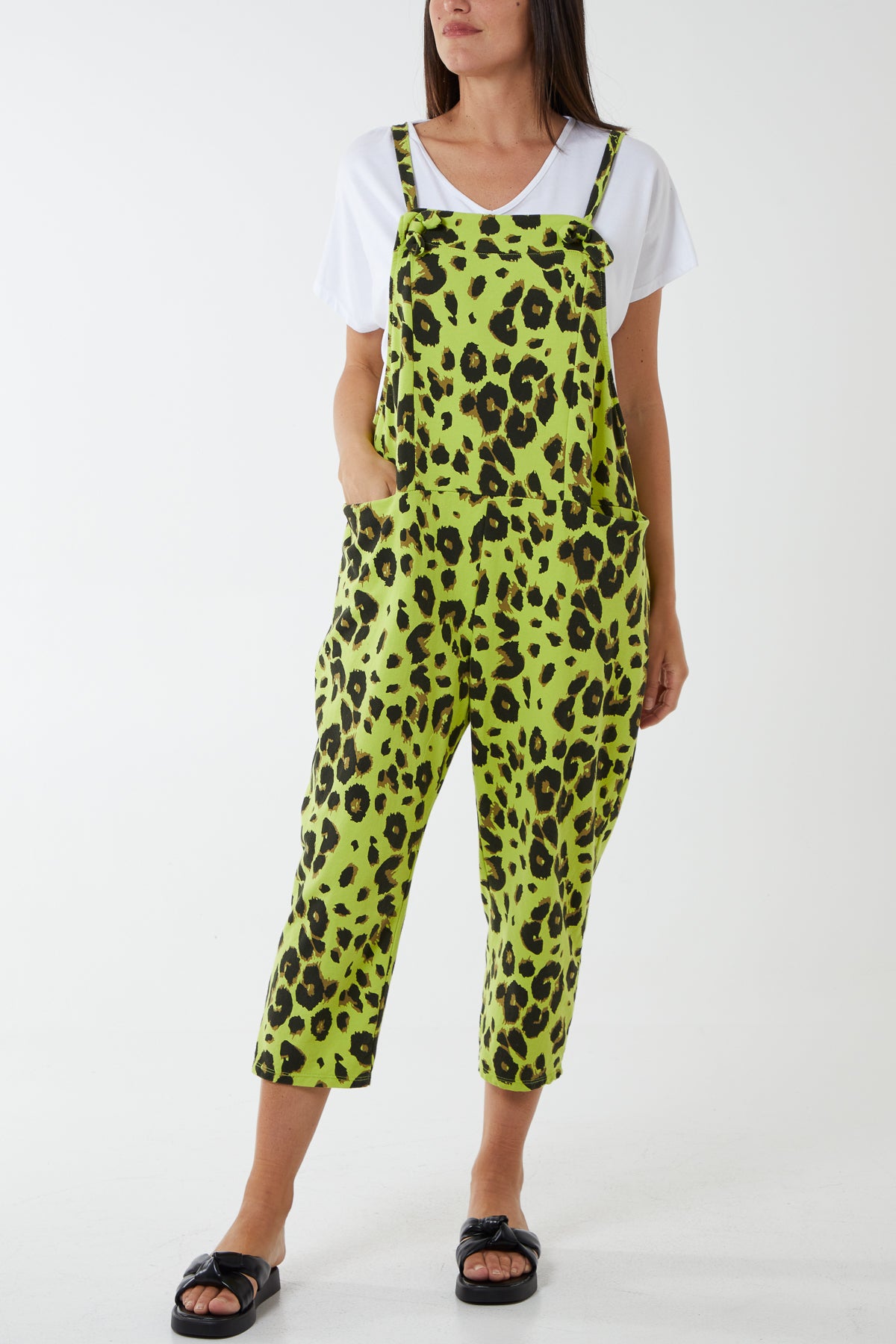 Jersey Dungaree All in One Leopard Print Neon Green