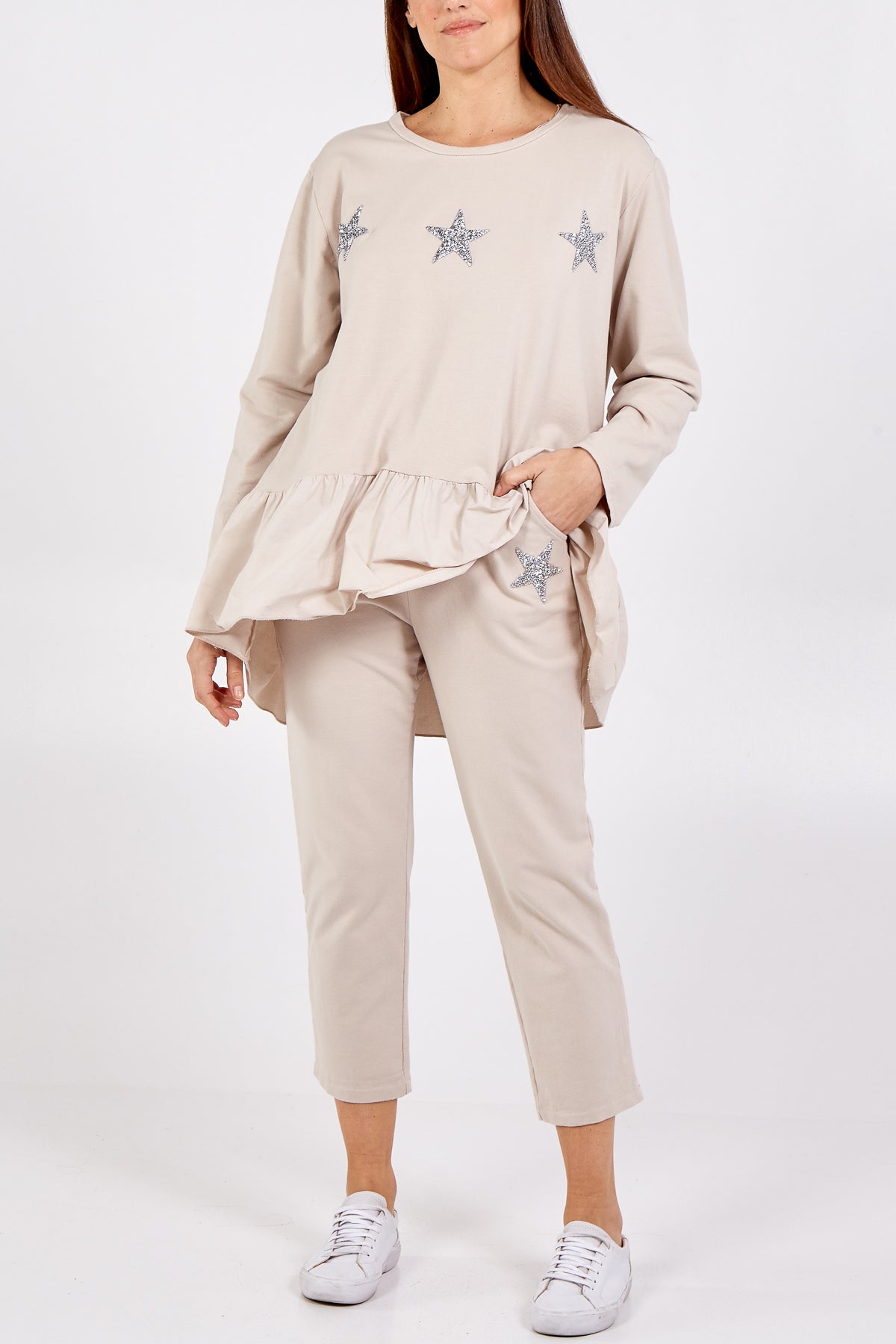 Asymmetrical Frill Hem Glitter Star Loungewear Set