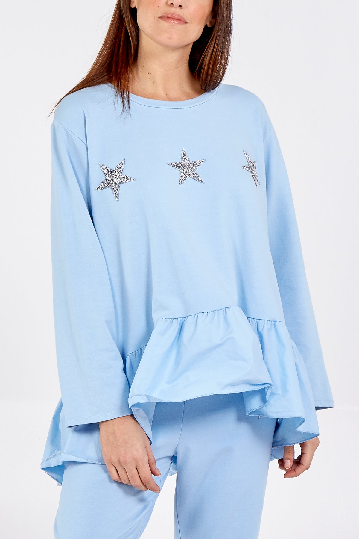 Asymmetrical Frill Hem Glitter Star Loungewear Set