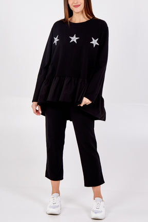 Asymmetrical Frill Hem Glitter Star Loungewear Set