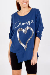 Scoop Neck "change" Silver Foil Heart Top