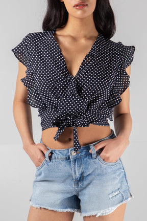 Double V Frill Sleeve Tie Front Top