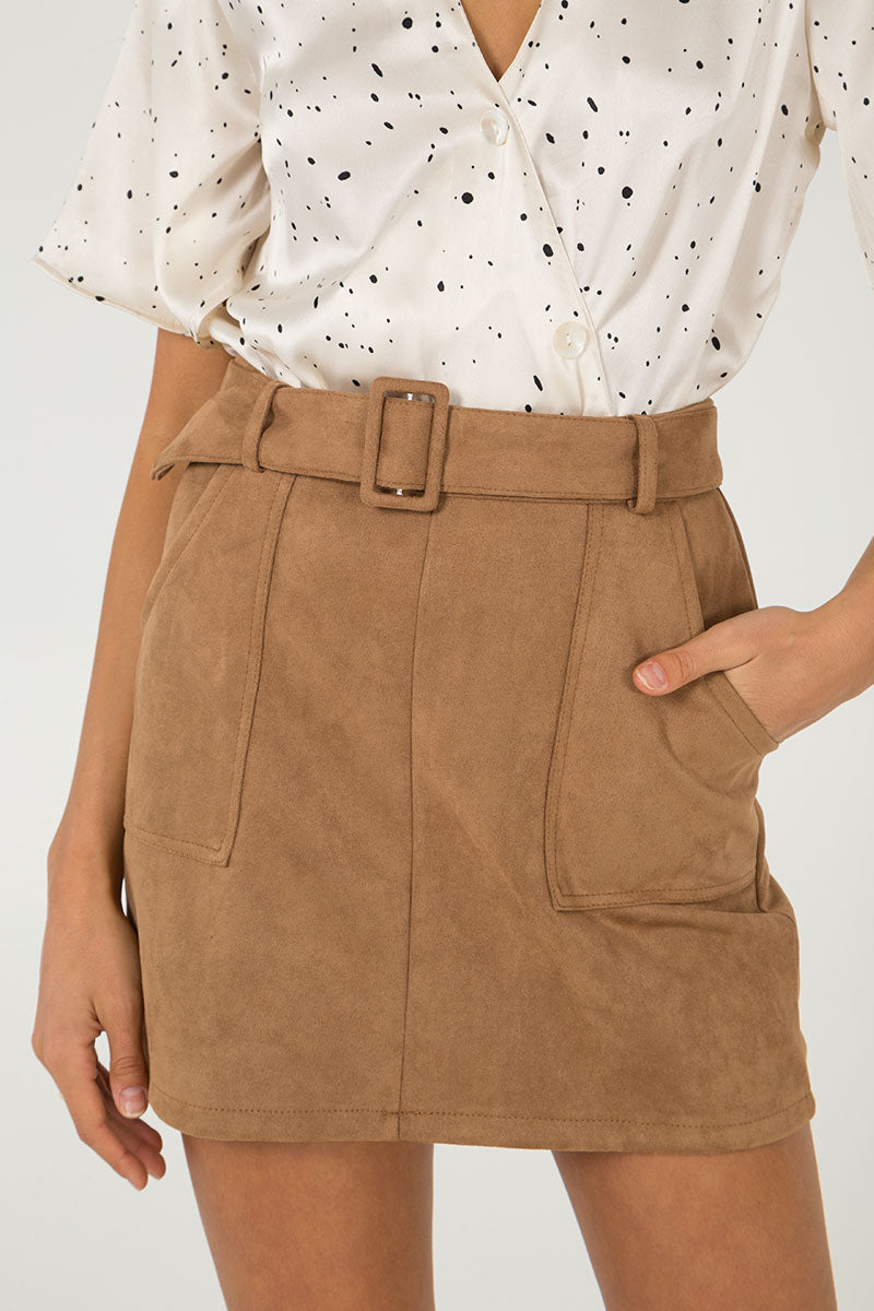 Faux Suede Belted Mini Skirt