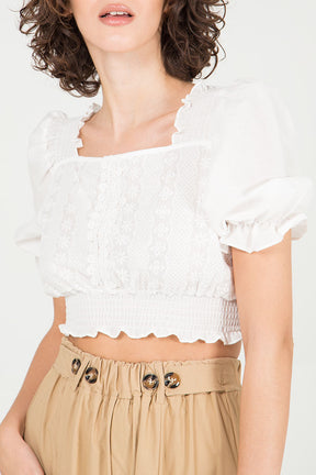 Embroidered Puff Sleeve Crop Top