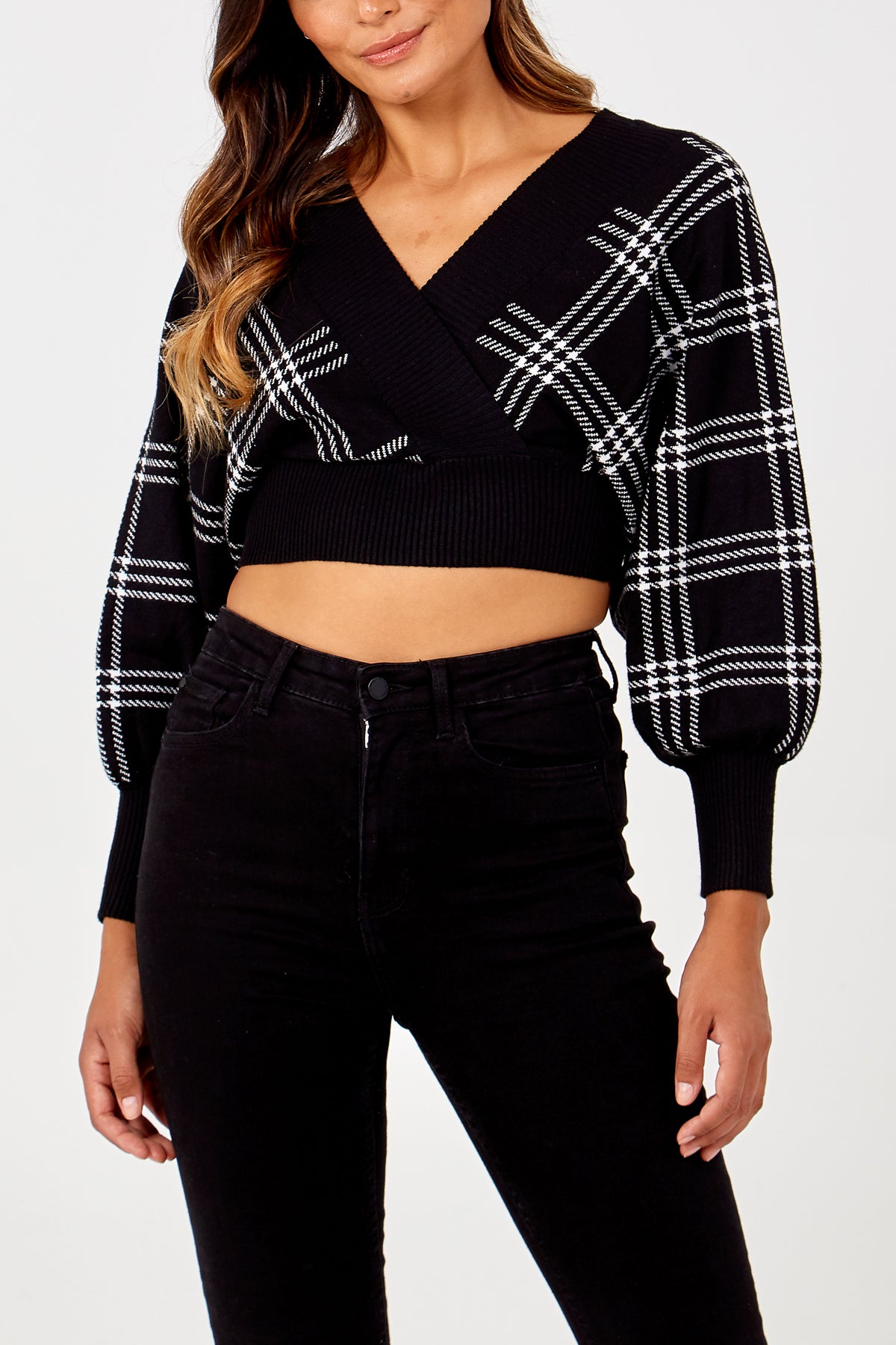 Checked Batwing Cropped Jumper