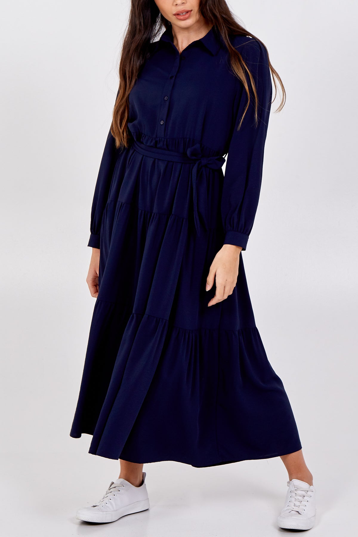 Long Tiered Collar Dress With Belt