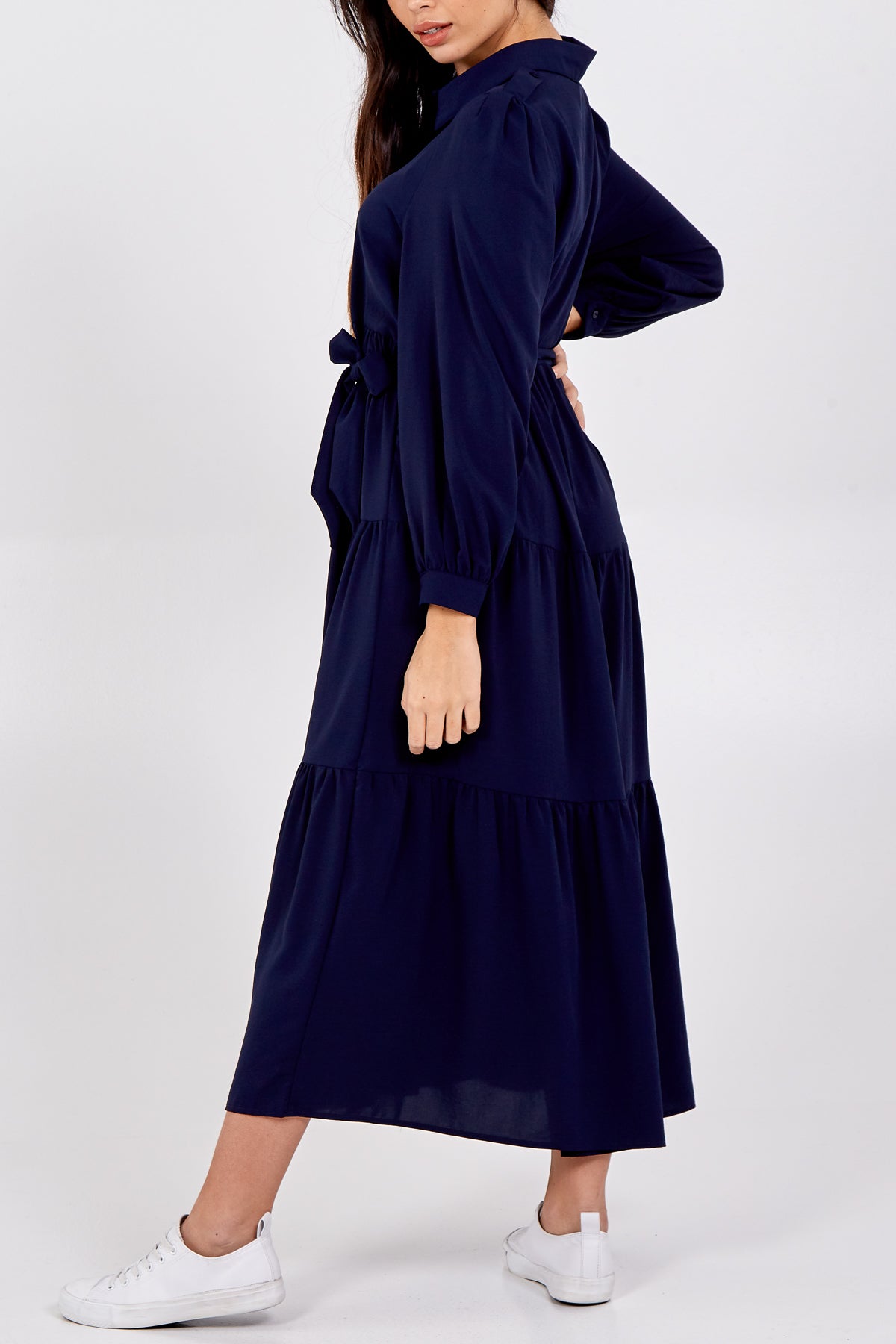 Long Tiered Collar Dress With Belt