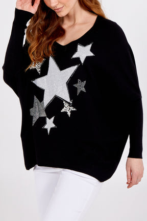 Embellished Star V Neck Jumper With Cuffed Sleeves