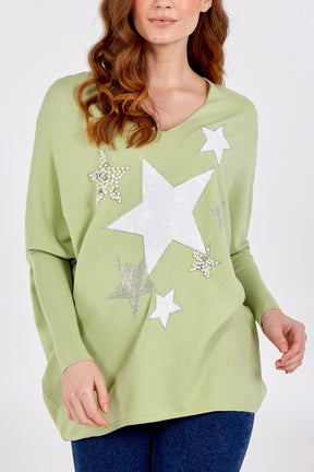Embellished Star V Neck Jumper With Cuffed Sleeves