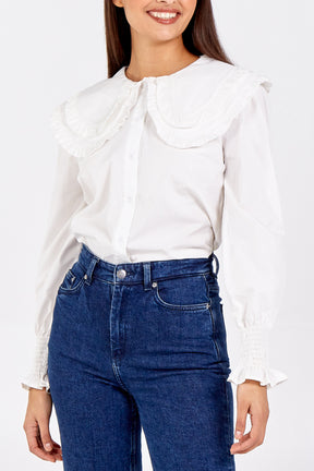 Round Collar Shirred Sleeve Poplin Shirt