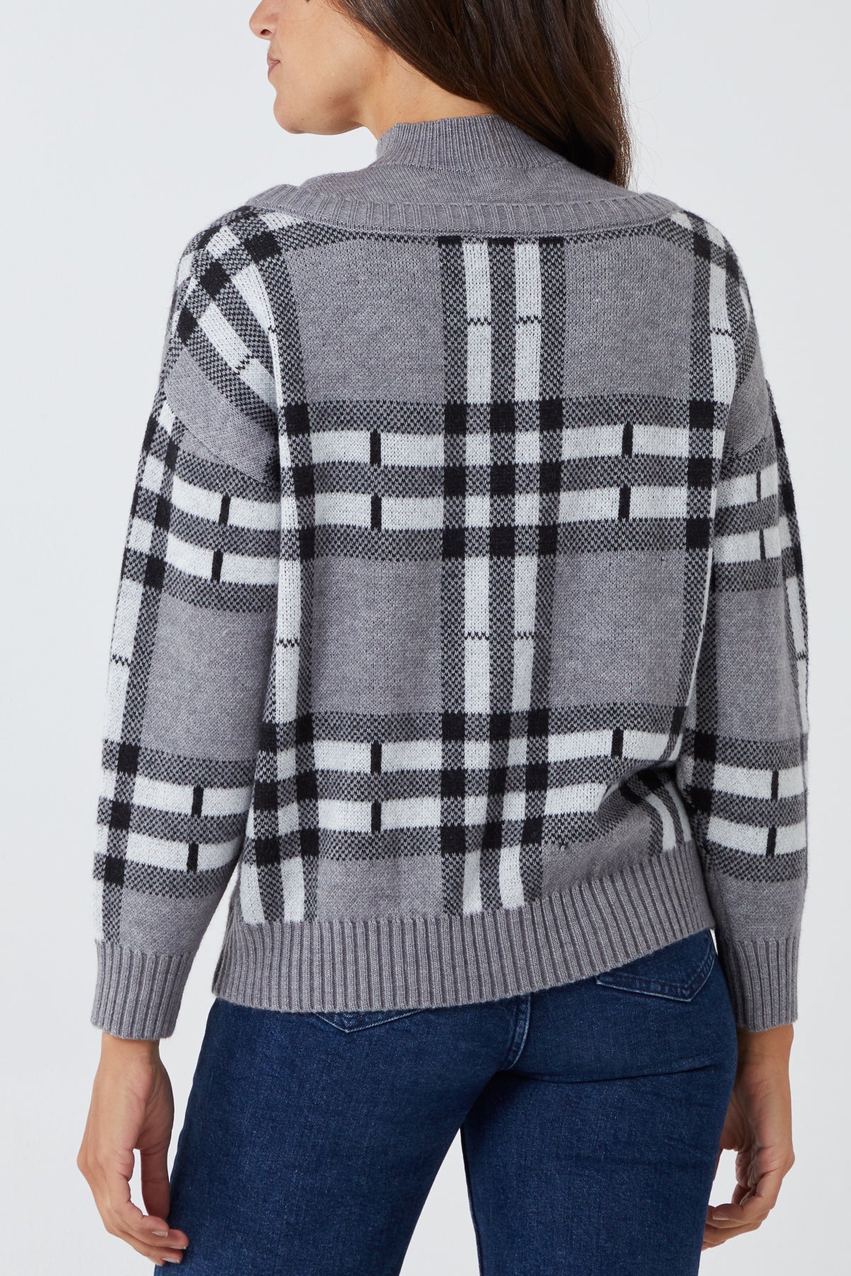 V Neck Checked Jumper With Roll Neck