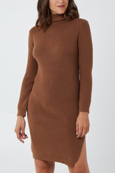 Roll Neck Ribbed Dress With Side Split