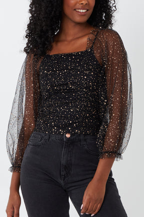 Glitter Ruched Top With Sheer Balloon Sleeves