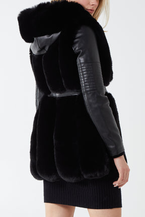 Faux Fur Belted Coat With Faux Leather Sleeves