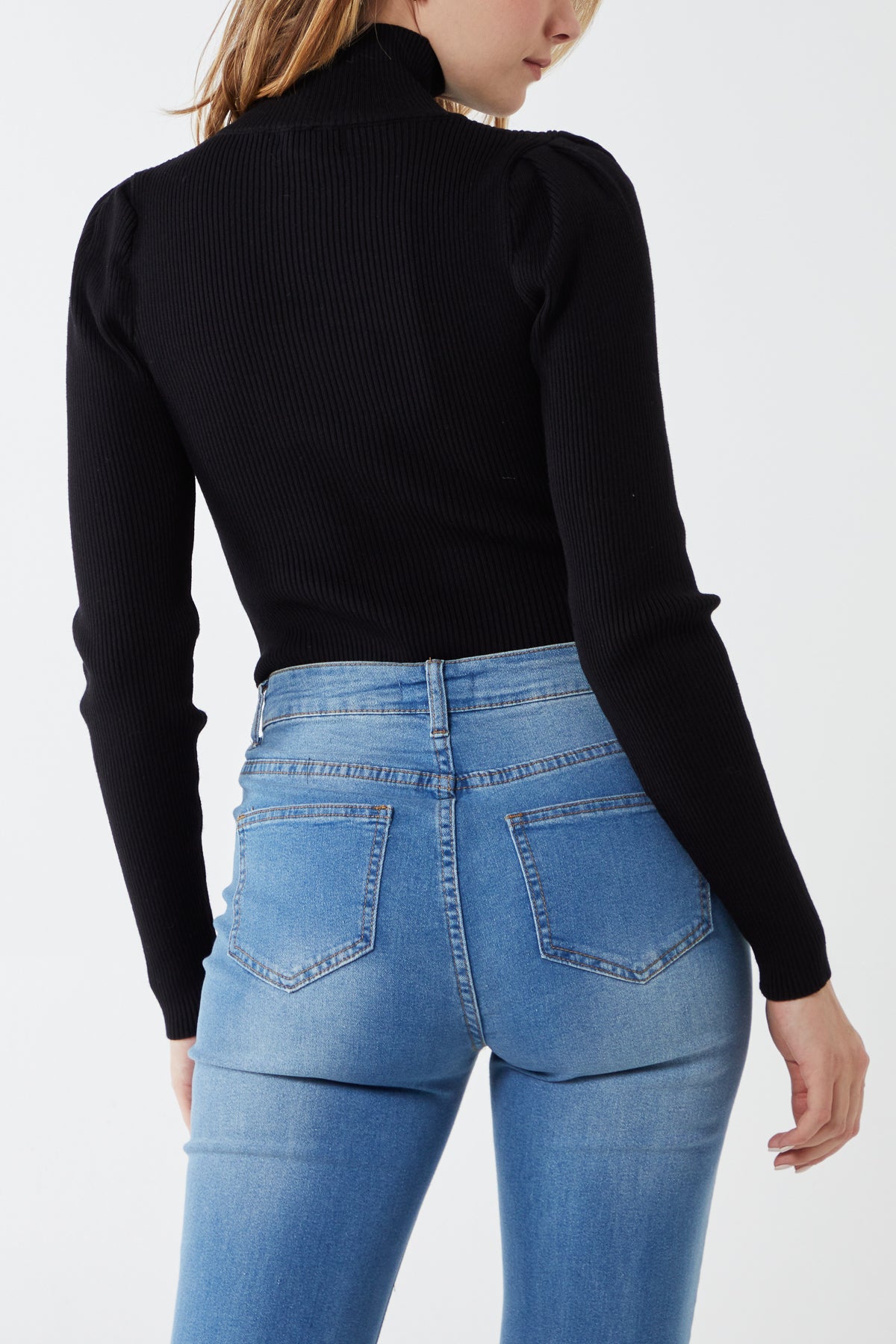 Ribbed Buttoned Cutout High Neck Top