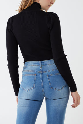 Ribbed Buttoned Cutout High Neck Top