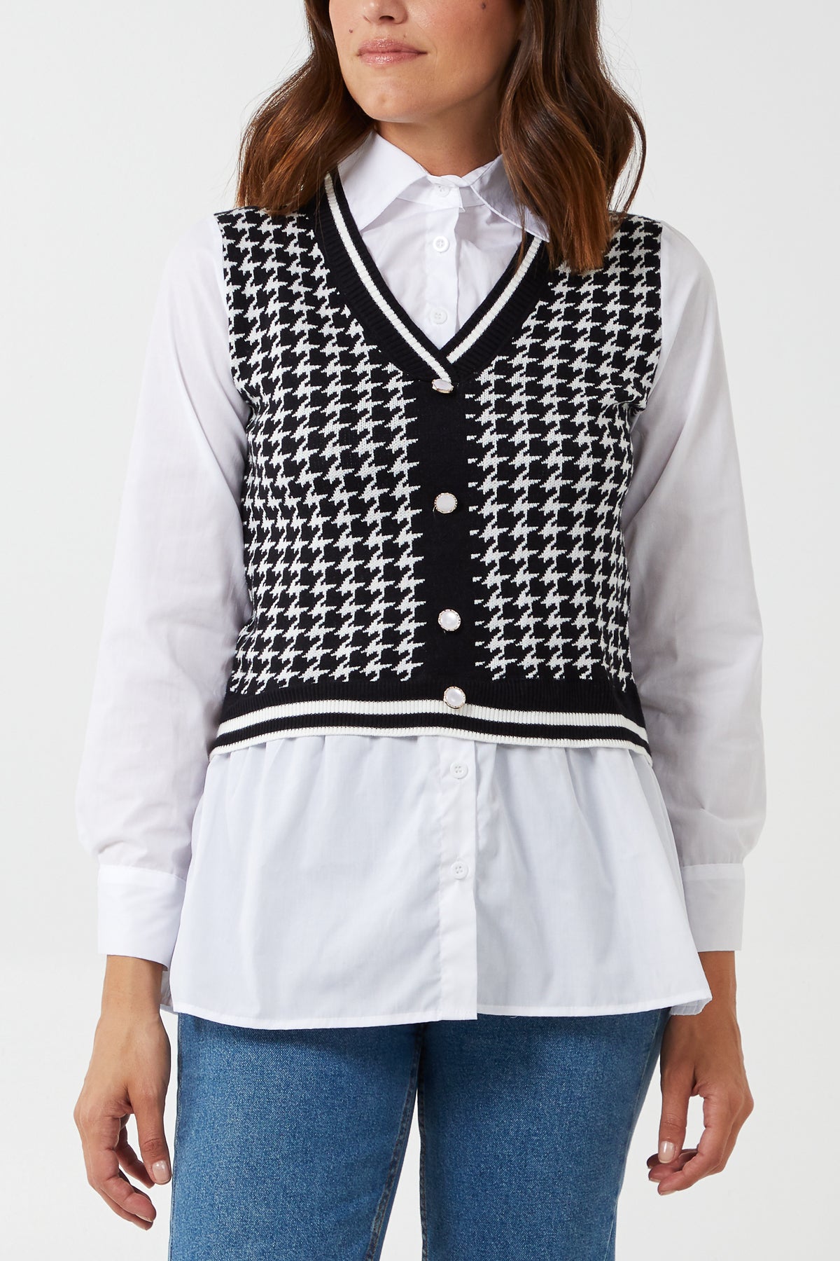 Houndstooth Buttoned Vest With Undershirt