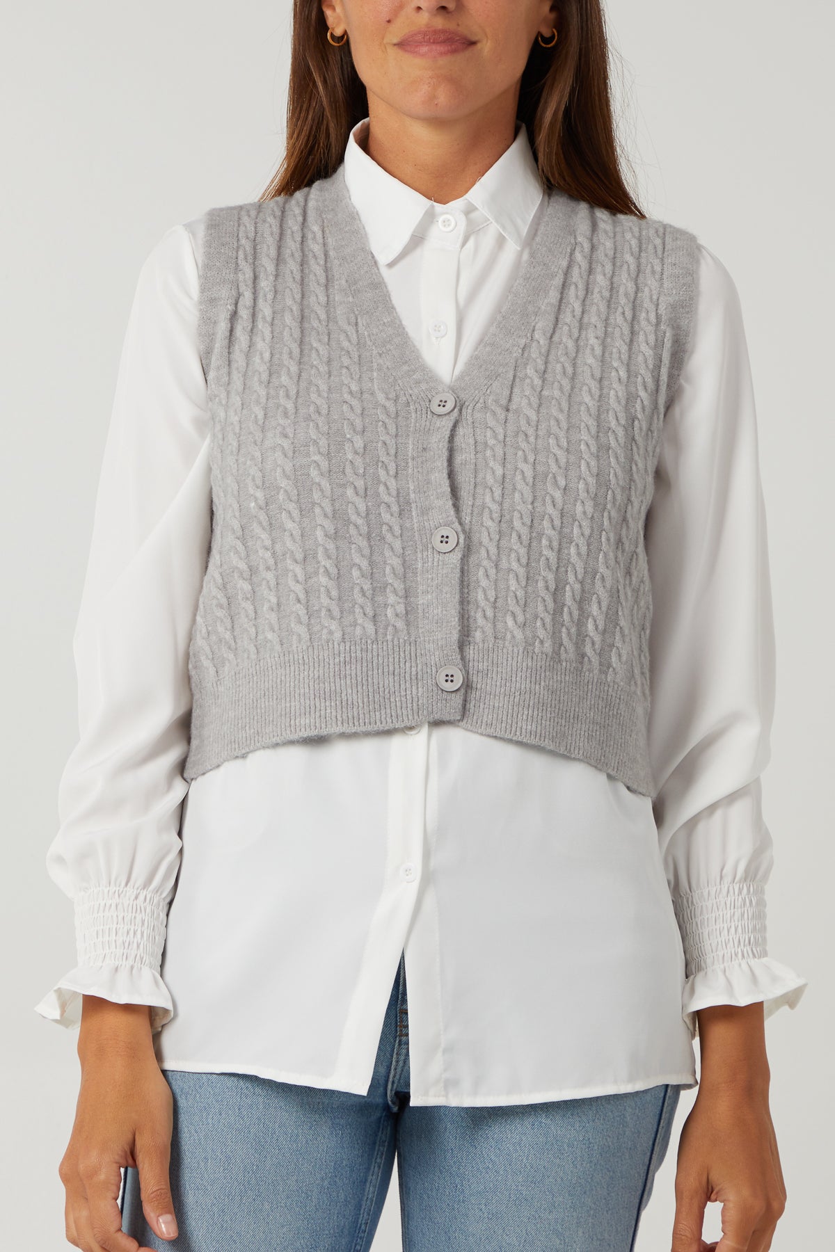 Cable Knit Buttoned Vest With Undershirt