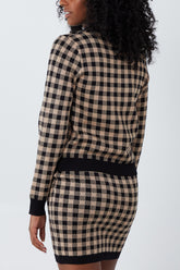 High Neck Checked Knitted Top And Skirt Set