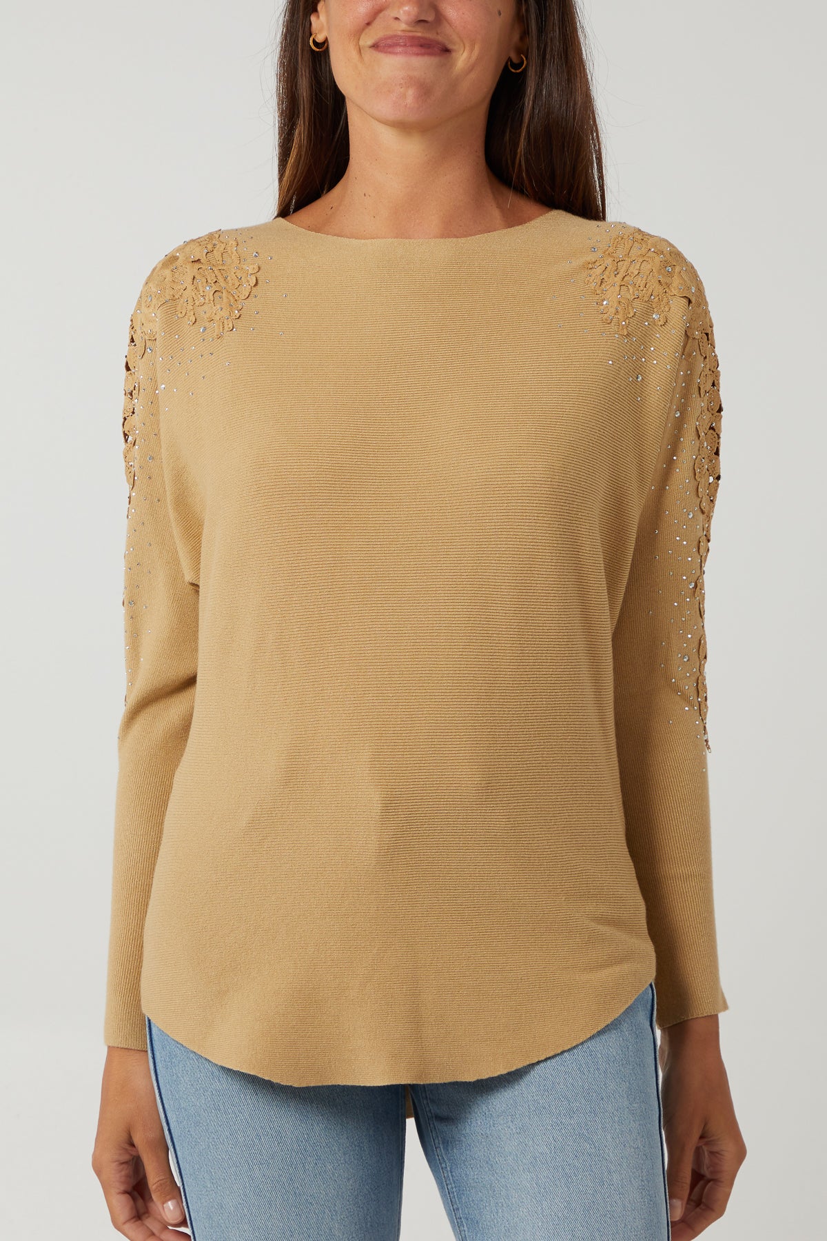 Diamante Flower Lace Ribbed Jumper