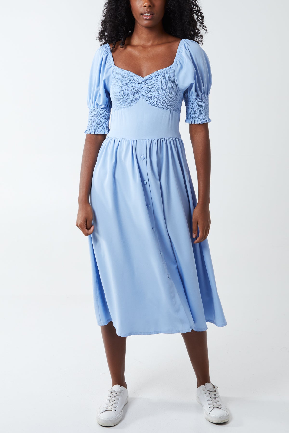 Ruched Front Buttoned Midi Dress