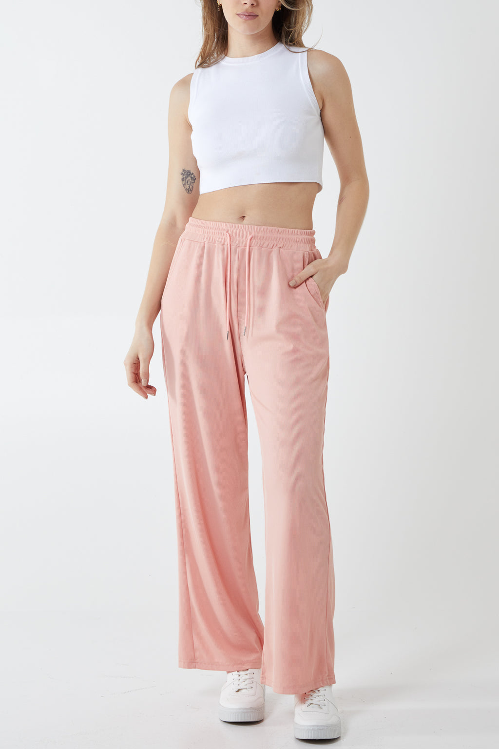 Elasticated Waist Fine Needle Rib Wide Leg Trousers