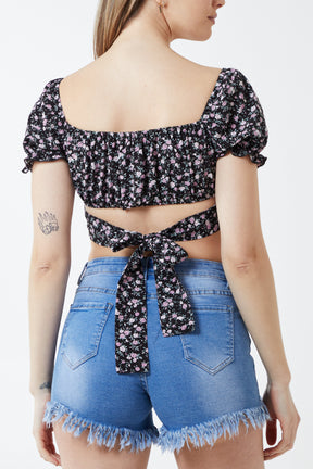 Floral Puff Sleeve Tied Top