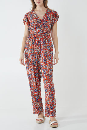 Paisley Wrap Front Frill Sleeve Jumpsuit