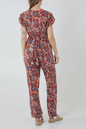 Paisley Wrap Front Frill Sleeve Jumpsuit