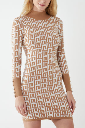 Geometric Jacquard Bodycon Knitted Dress